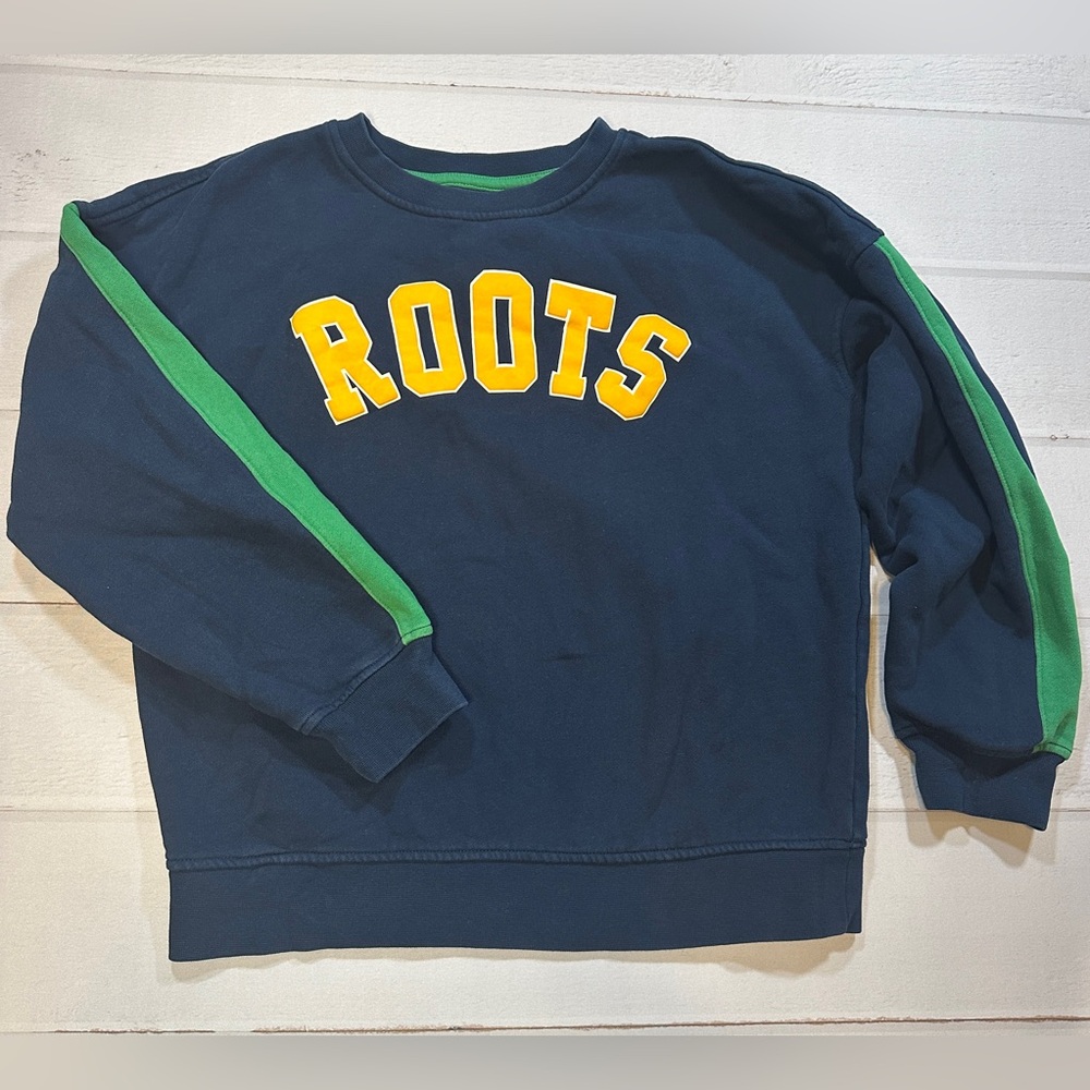ROOTS Kids XXL Crewneck Sweatshirt Logo Solid Navy Striped‎ Green Long Sleeve